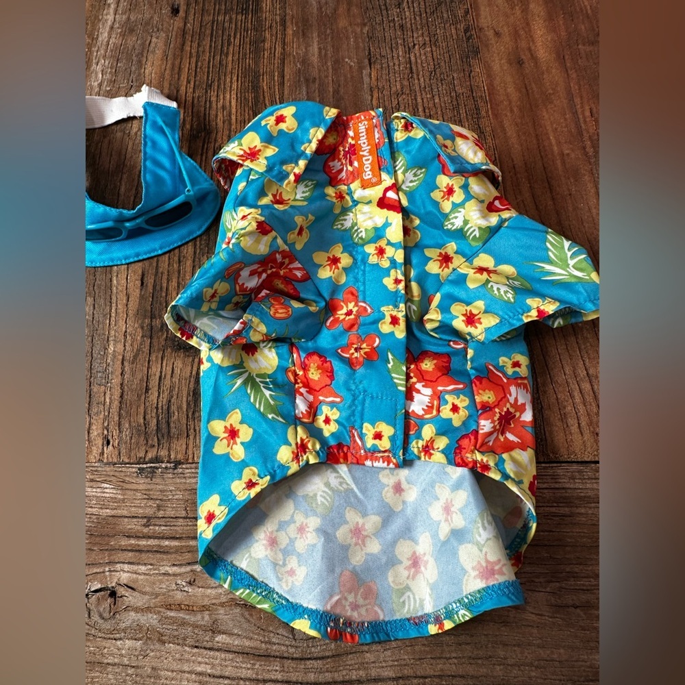 Tropical Floral Dog Shirt - Blue and Orange with hat and sunglasses 😎 - Picture 3 of 5